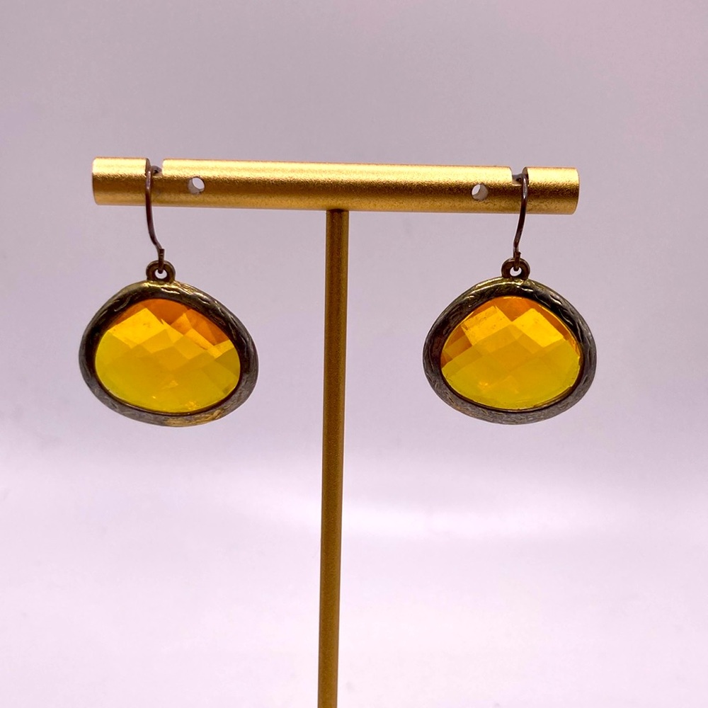 Yellow Glass Earrings, Faceted Glass Drop